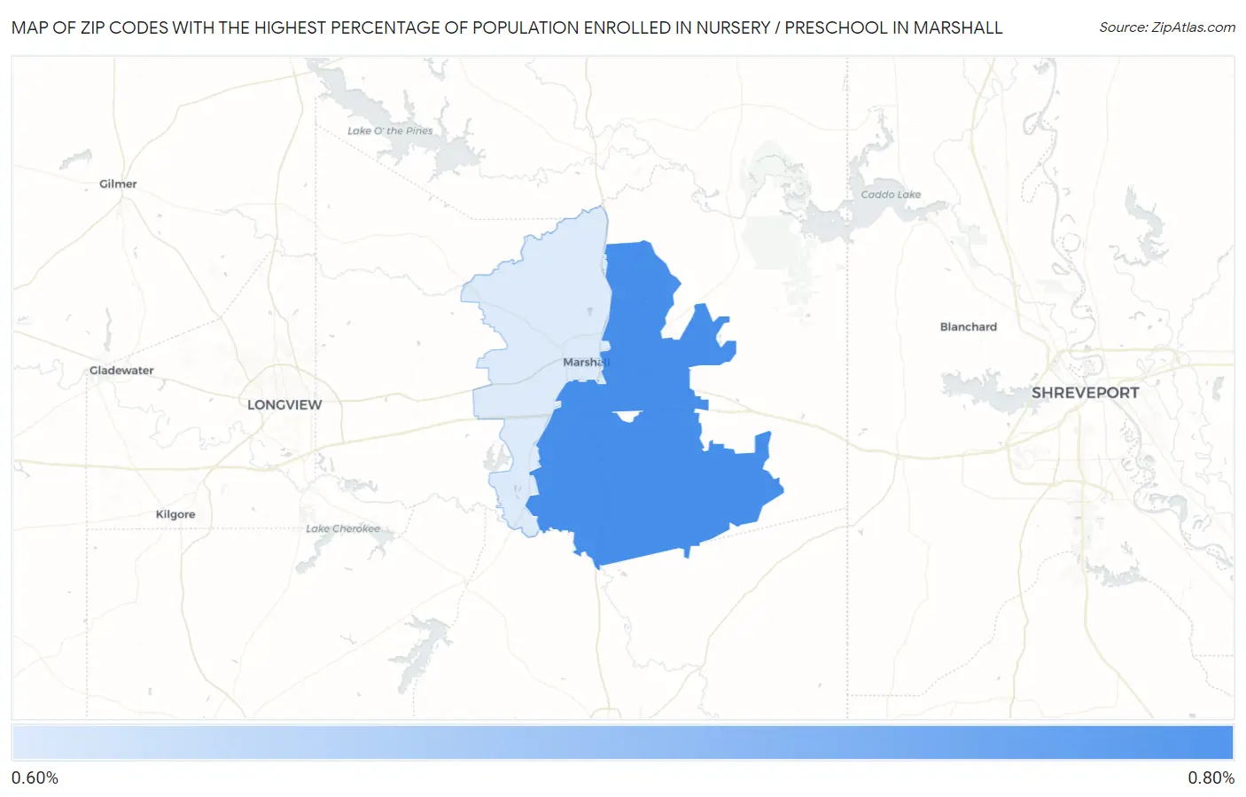 Zip Codes with the Highest Percentage of Population Enrolled in Nursery / Preschool in Marshall Map