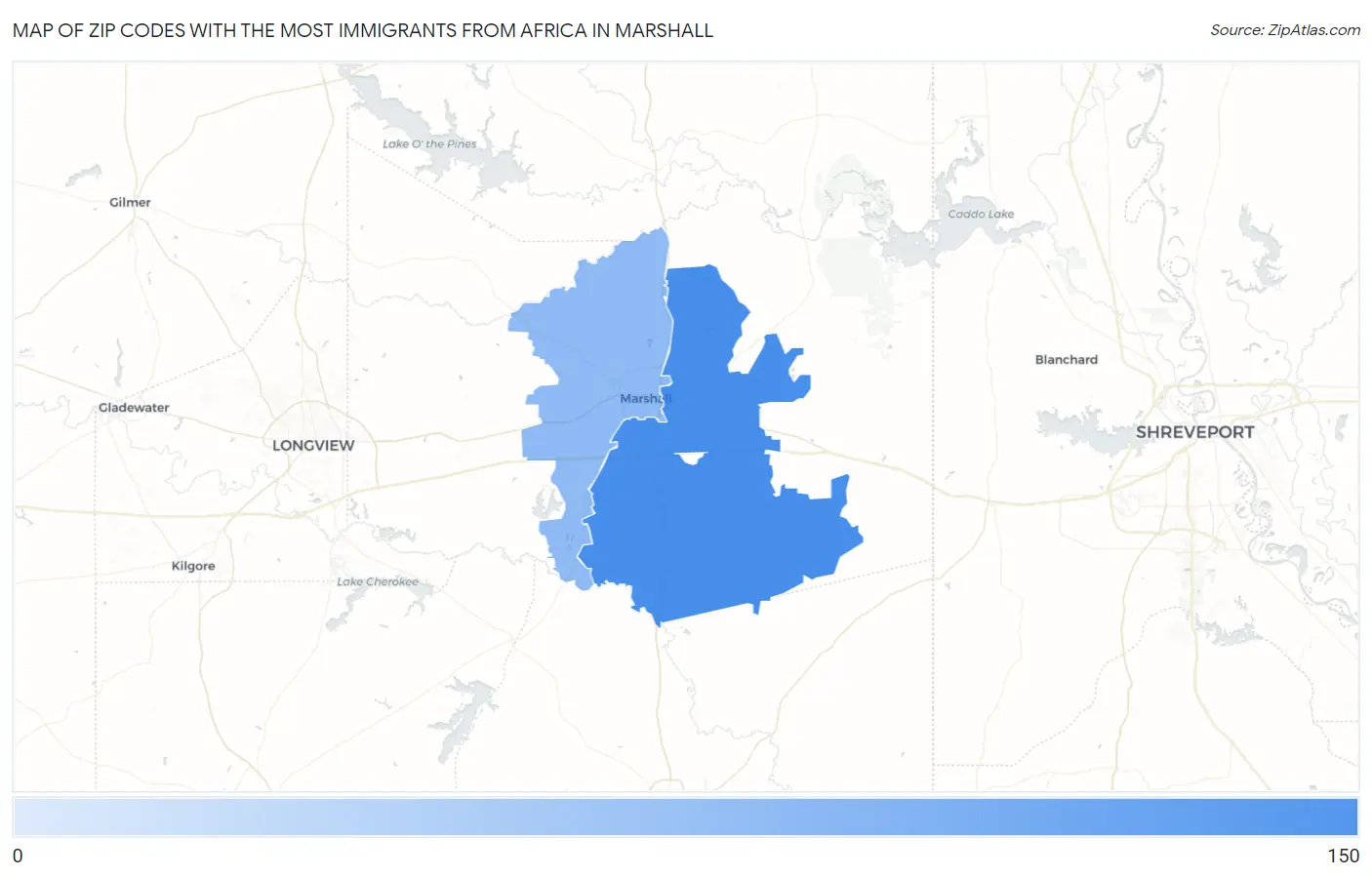 Zip Codes with the Most Immigrants from Africa in Marshall Map