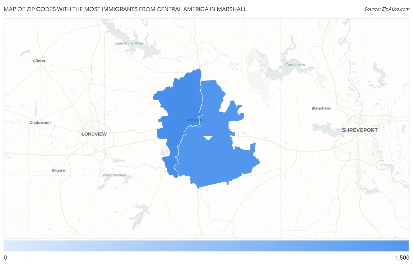 Zip Codes with the Most Immigrants from Central America in Marshall Map