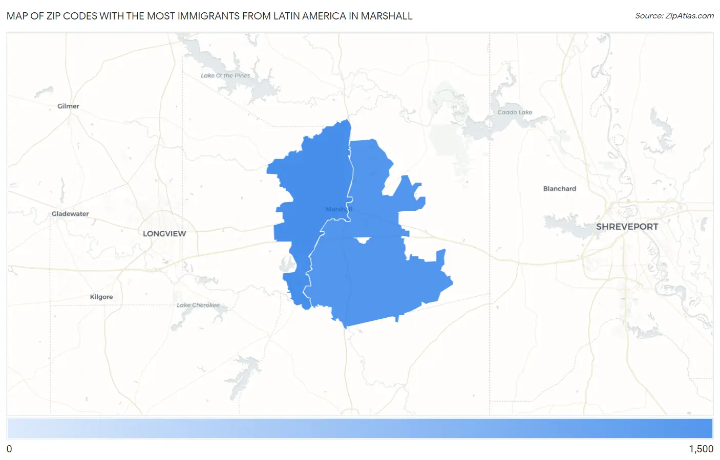Zip Codes with the Most Immigrants from Latin America in Marshall Map