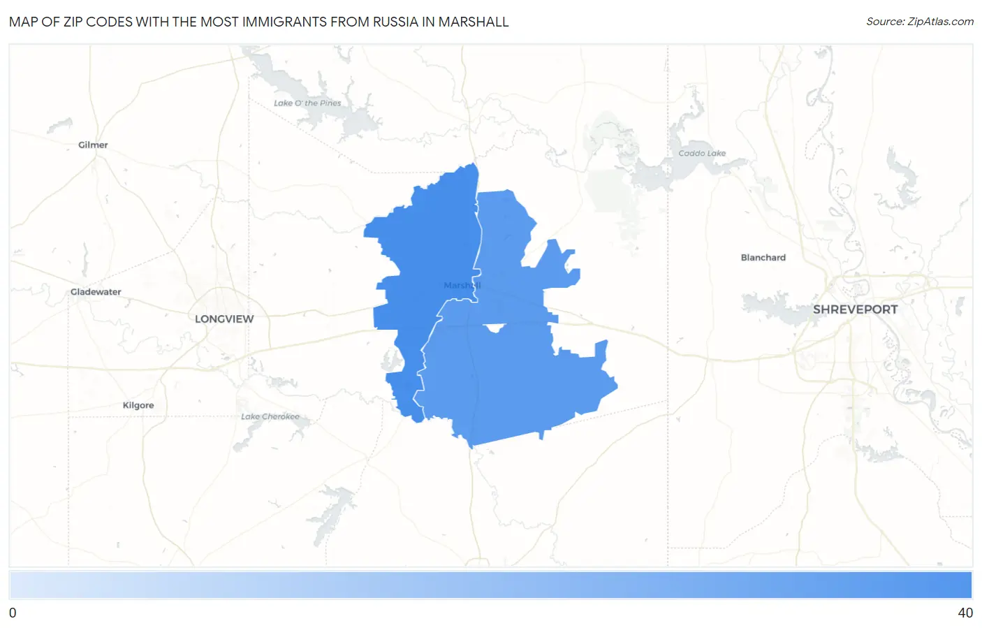 Zip Codes with the Most Immigrants from Russia in Marshall Map