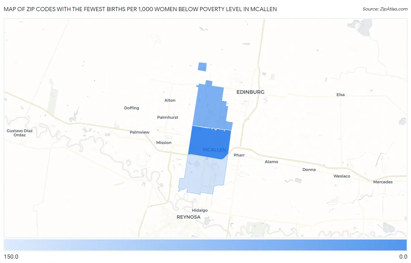 Zip Codes with the Fewest Births per 1,000 Women Below Poverty Level in Mcallen Map