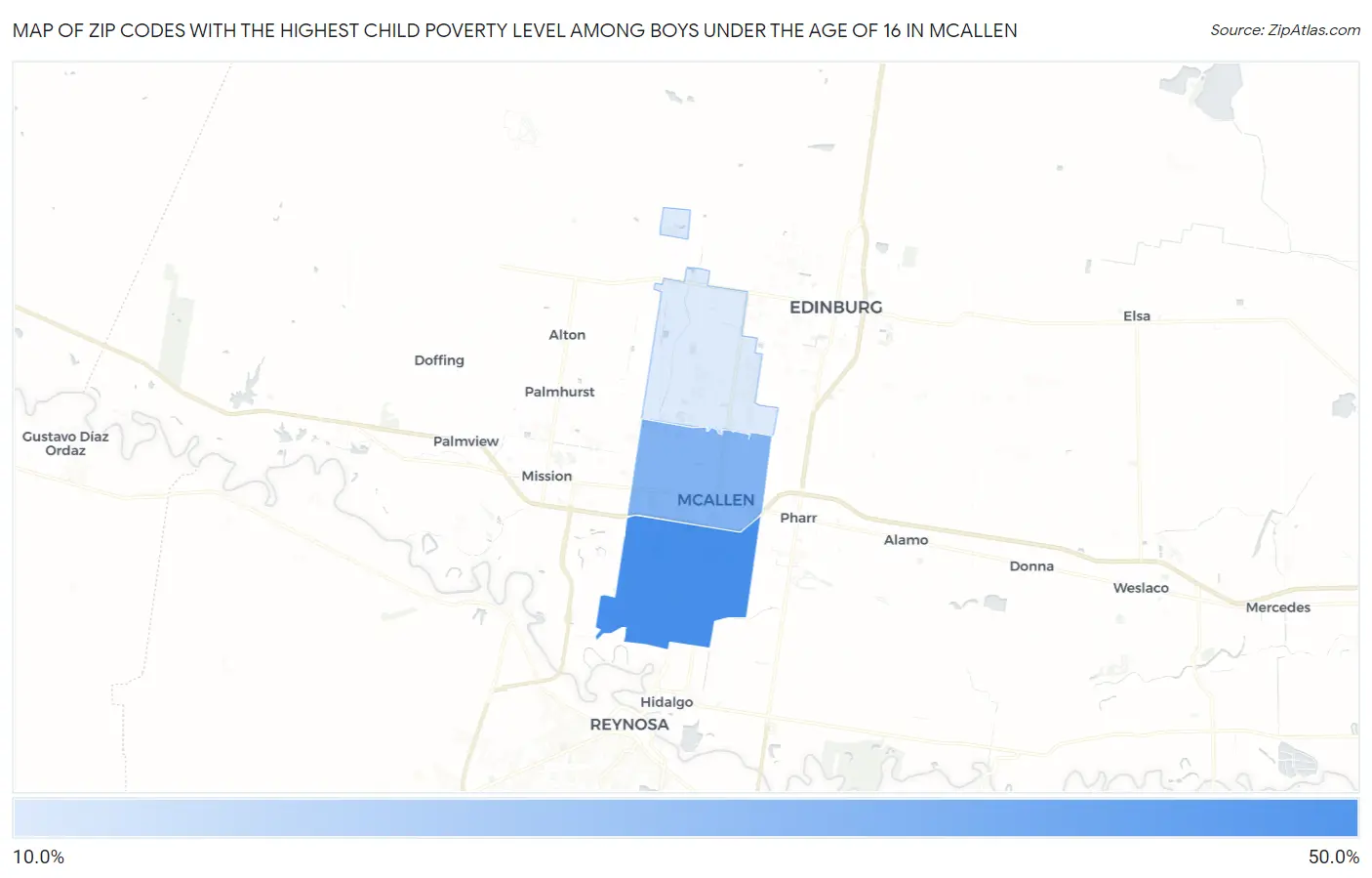 Zip Codes with the Highest Child Poverty Level Among Boys Under the Age of 16 in Mcallen Map