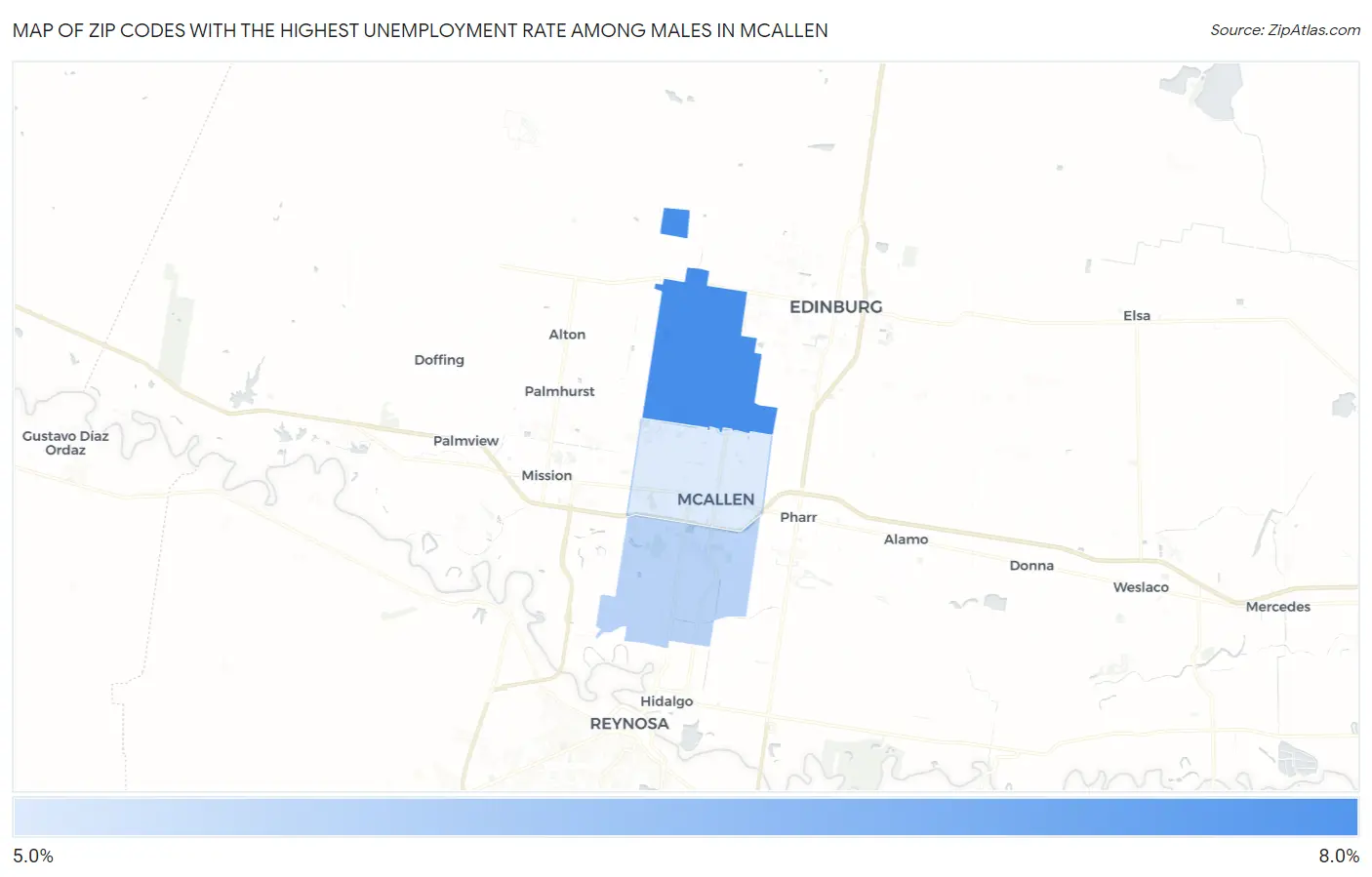 Zip Codes with the Highest Unemployment Rate Among Males in Mcallen Map