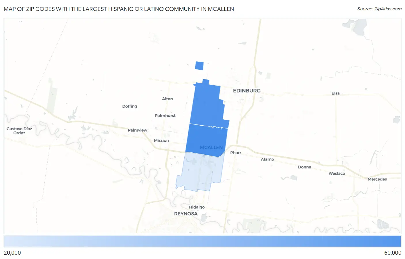Zip Codes with the Largest Hispanic or Latino Community in Mcallen Map