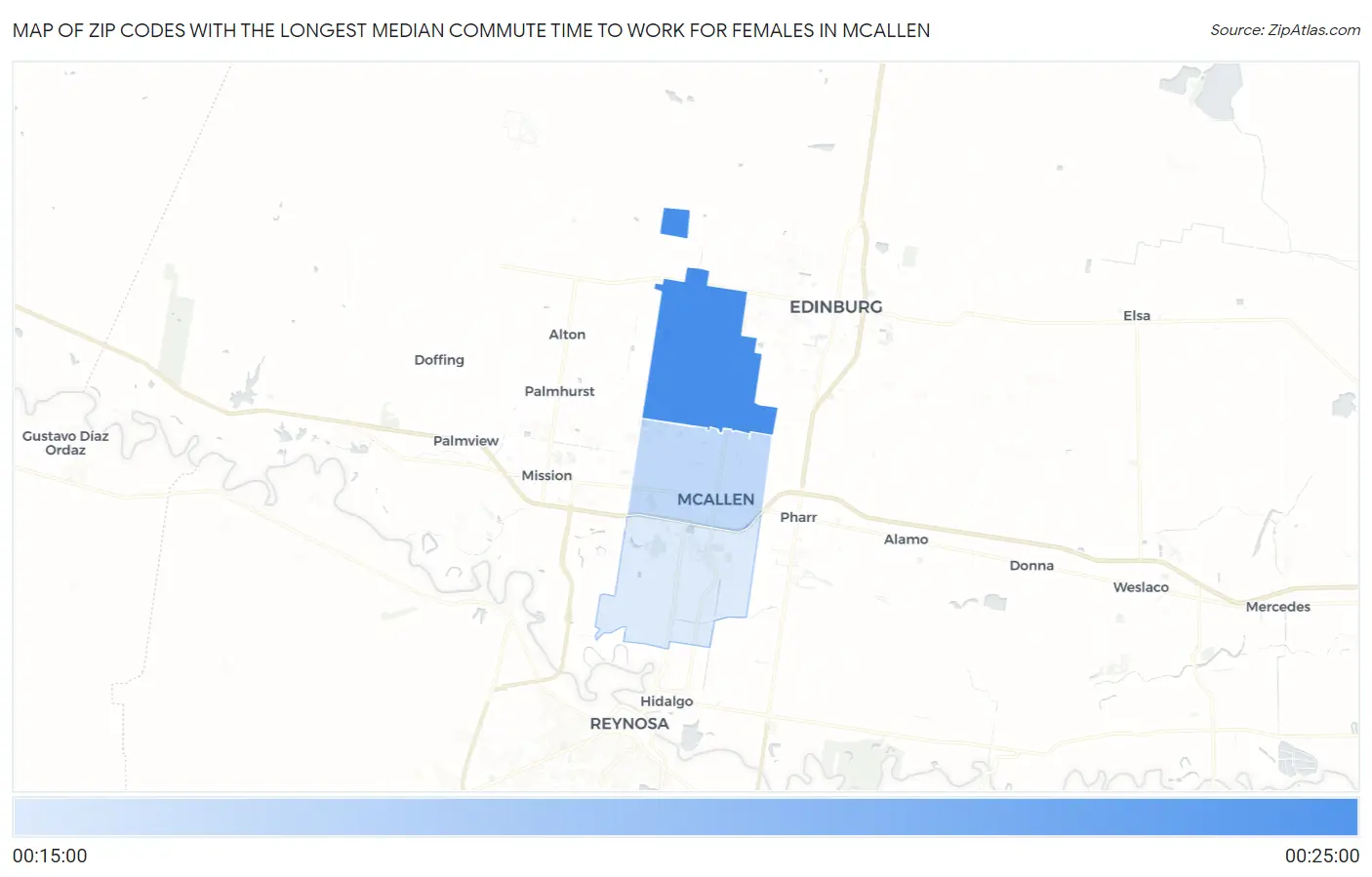 Zip Codes with the Longest Median Commute Time to Work for Females in Mcallen Map