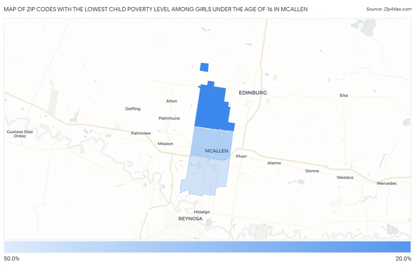 Zip Codes with the Lowest Child Poverty Level Among Girls Under the Age of 16 in Mcallen Map