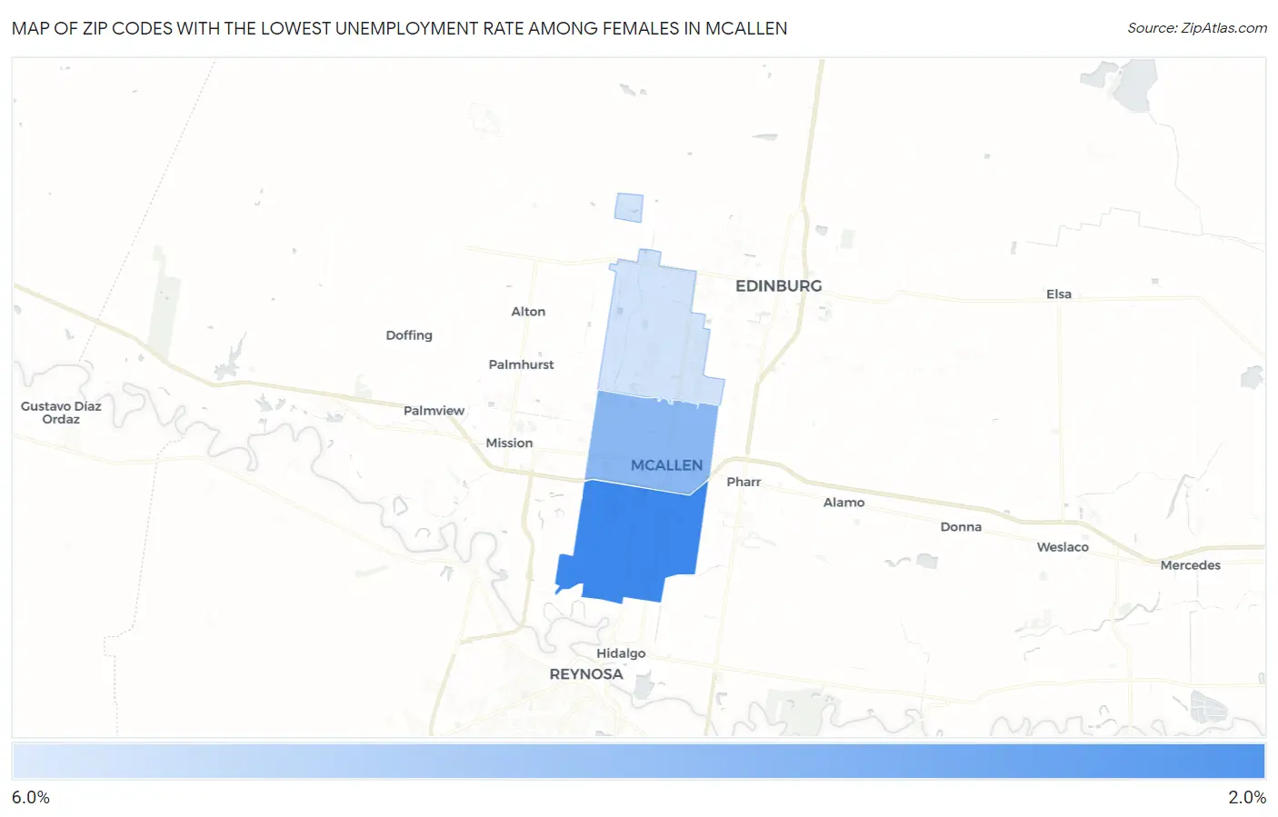Zip Codes with the Lowest Unemployment Rate Among Females in Mcallen Map