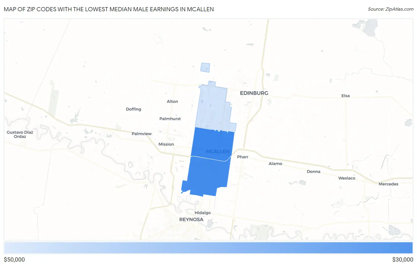 Zip Codes with the Lowest Median Male Earnings in Mcallen Map