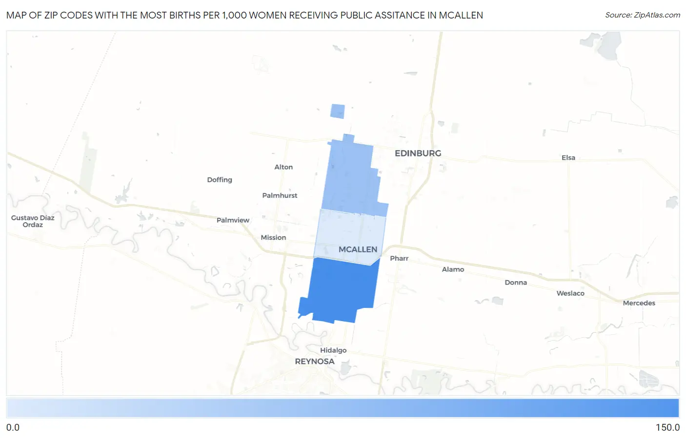Zip Codes with the Most Births per 1,000 Women Receiving Public Assitance in Mcallen Map