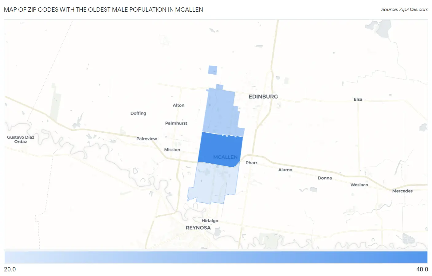 Zip Codes with the Oldest Male Population in Mcallen Map