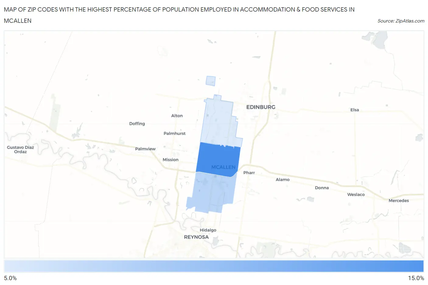 Zip Codes with the Highest Percentage of Population Employed in Accommodation & Food Services in Mcallen Map
