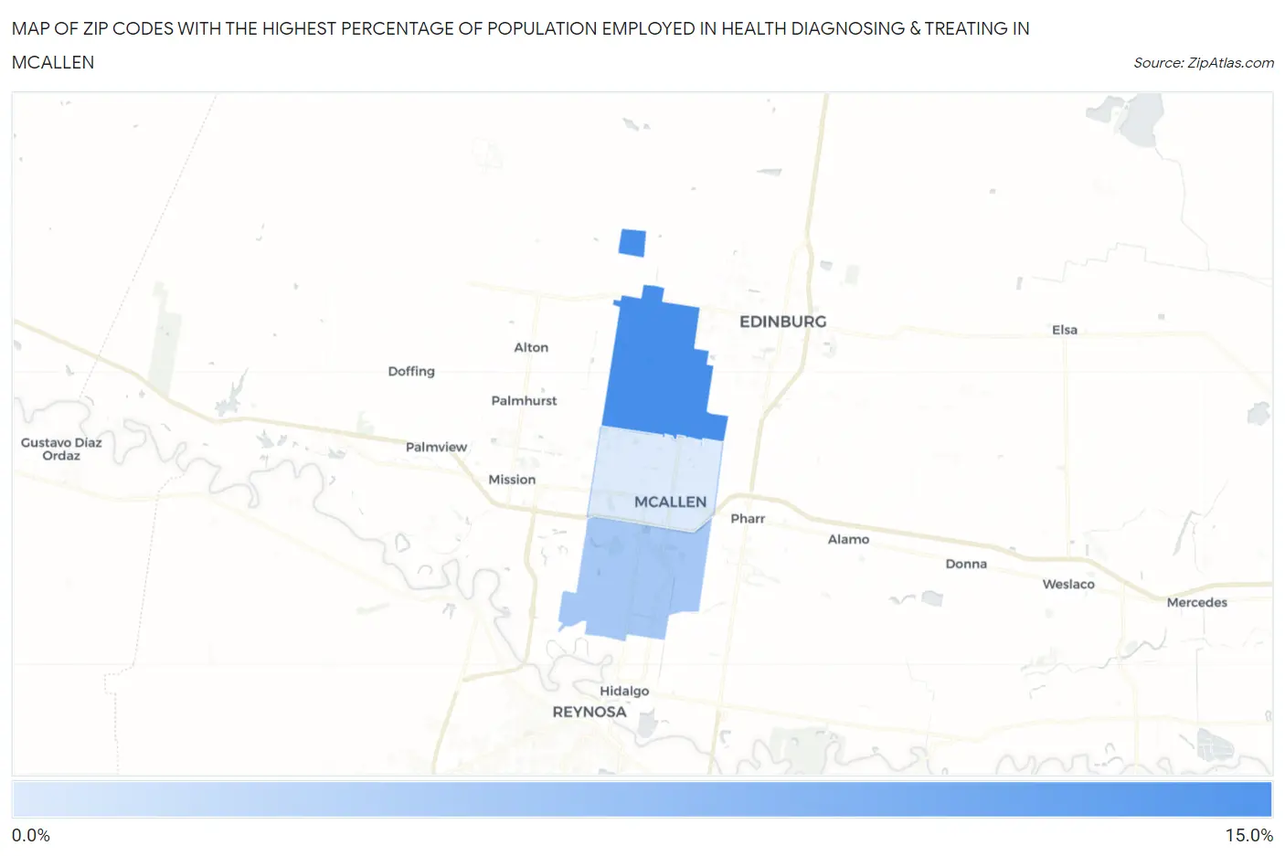 Zip Codes with the Highest Percentage of Population Employed in Health Diagnosing & Treating in Mcallen Map