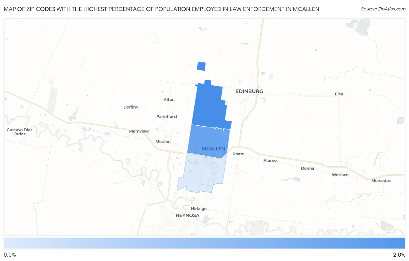 Zip Codes with the Highest Percentage of Population Employed in Law Enforcement in Mcallen Map