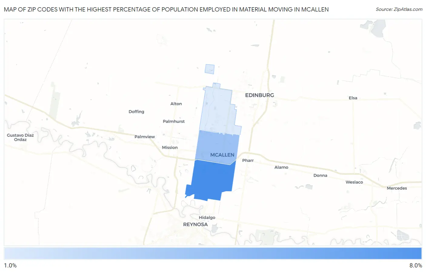 Zip Codes with the Highest Percentage of Population Employed in Material Moving in Mcallen Map