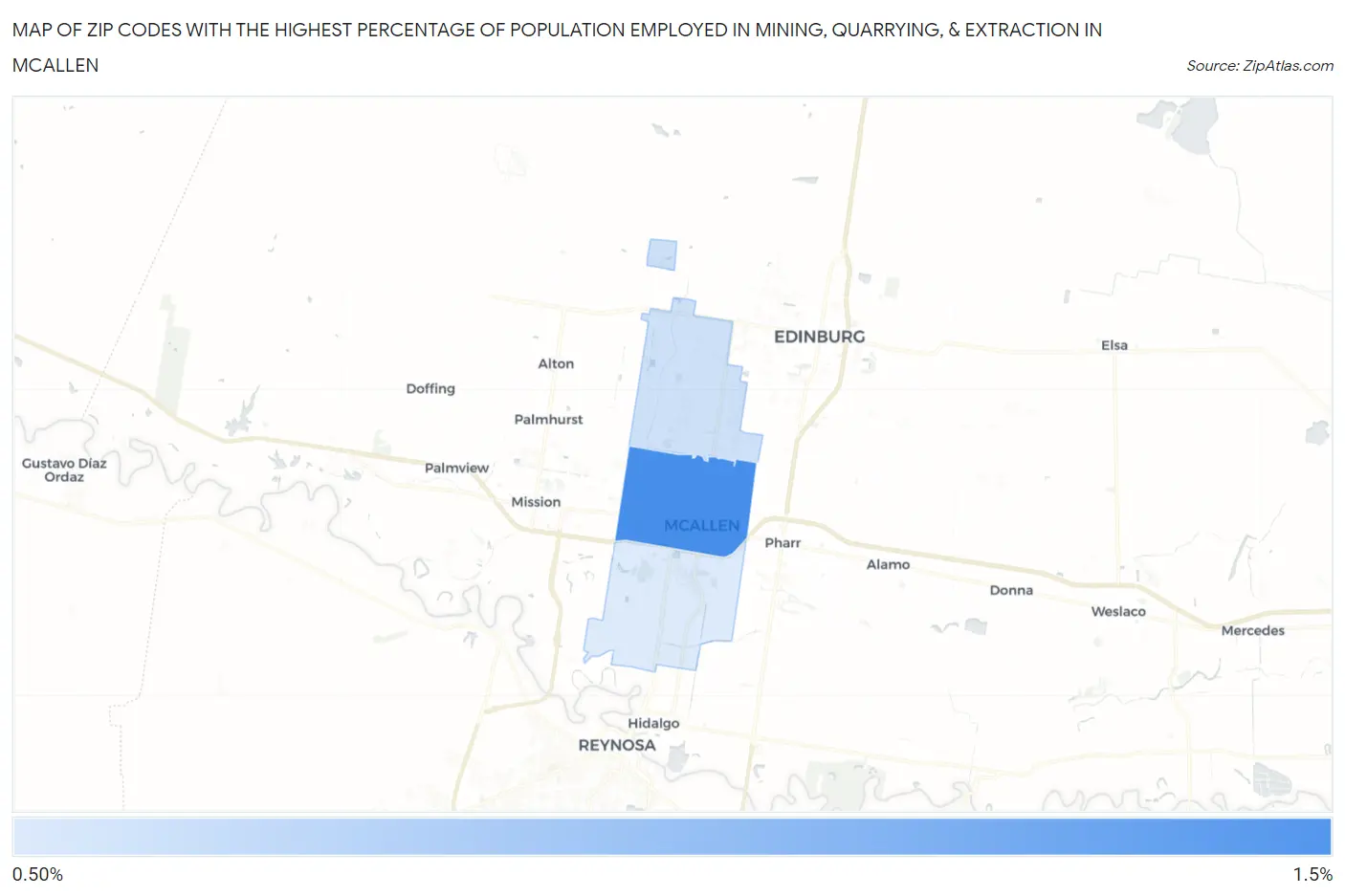 Zip Codes with the Highest Percentage of Population Employed in Mining, Quarrying, & Extraction in Mcallen Map