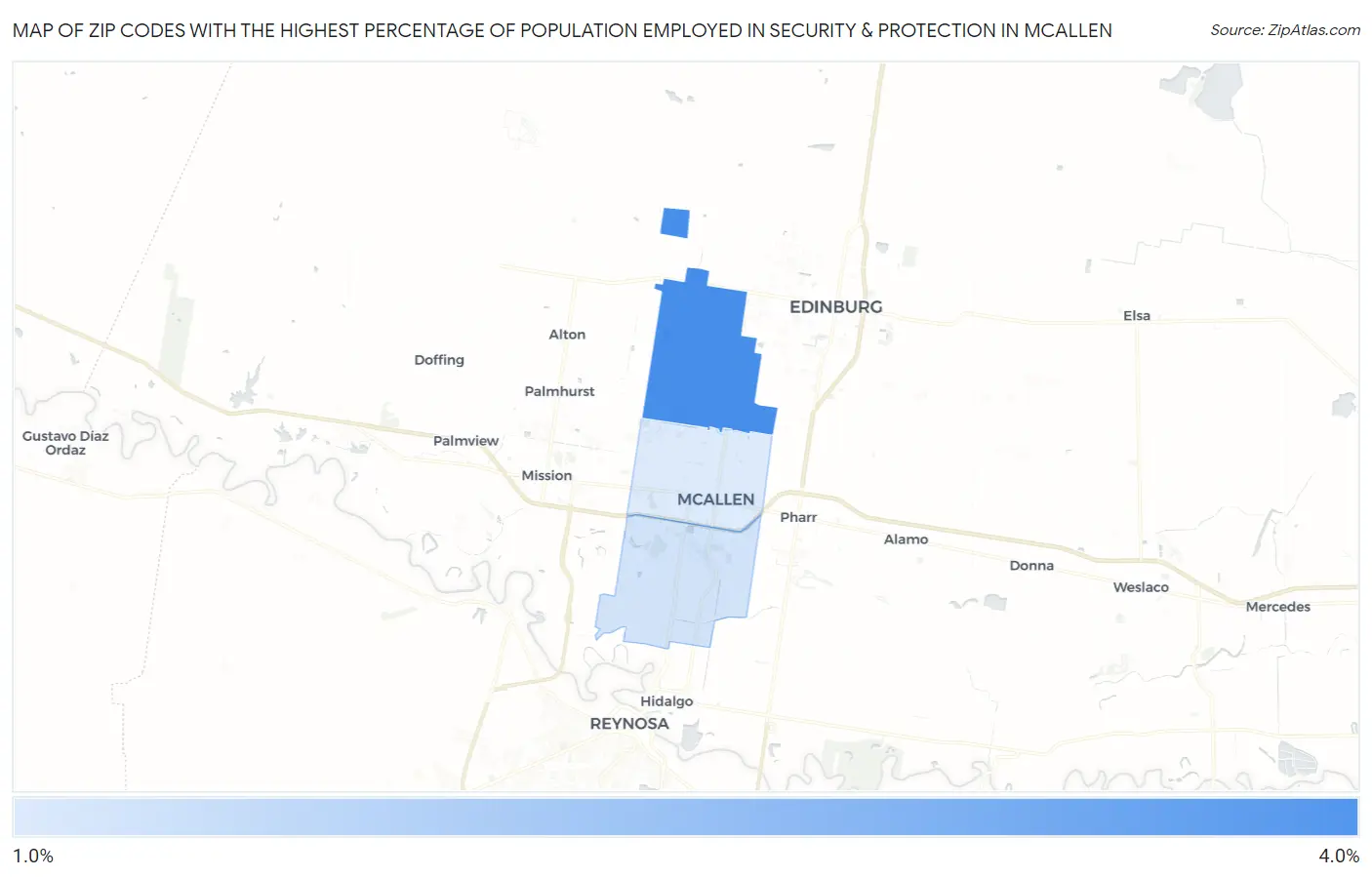 Zip Codes with the Highest Percentage of Population Employed in Security & Protection in Mcallen Map