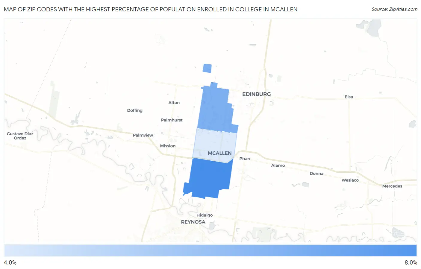 Zip Codes with the Highest Percentage of Population Enrolled in College in Mcallen Map