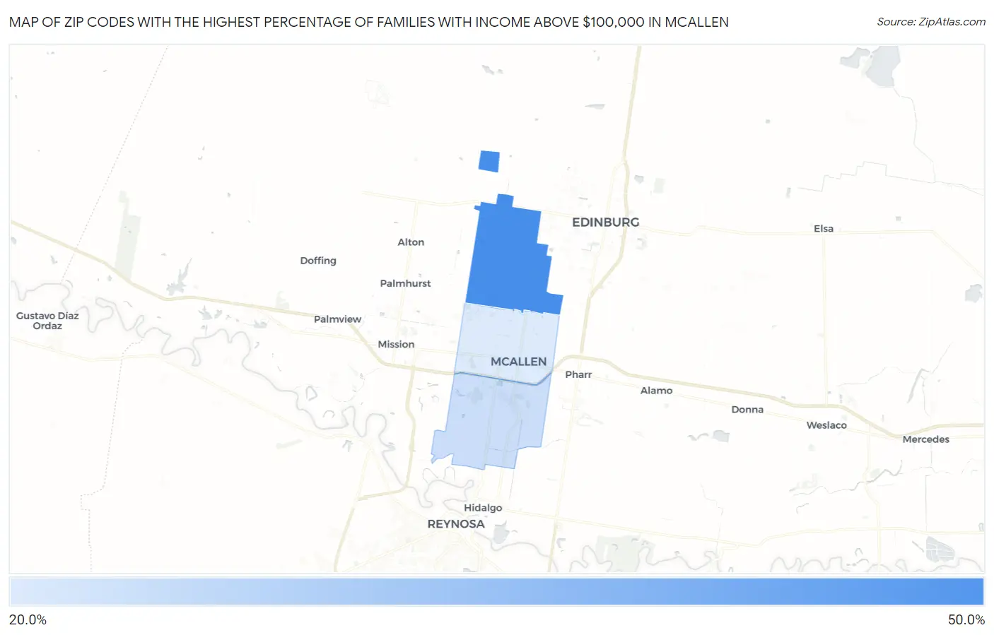 Zip Codes with the Highest Percentage of Families with Income Above $100,000 in Mcallen Map