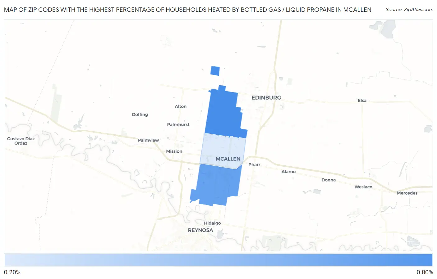 Zip Codes with the Highest Percentage of Households Heated by Bottled Gas / Liquid Propane in Mcallen Map