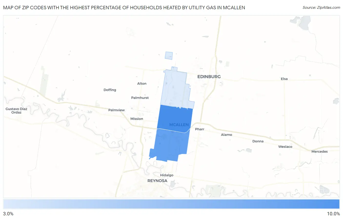 Zip Codes with the Highest Percentage of Households Heated by Utility Gas in Mcallen Map