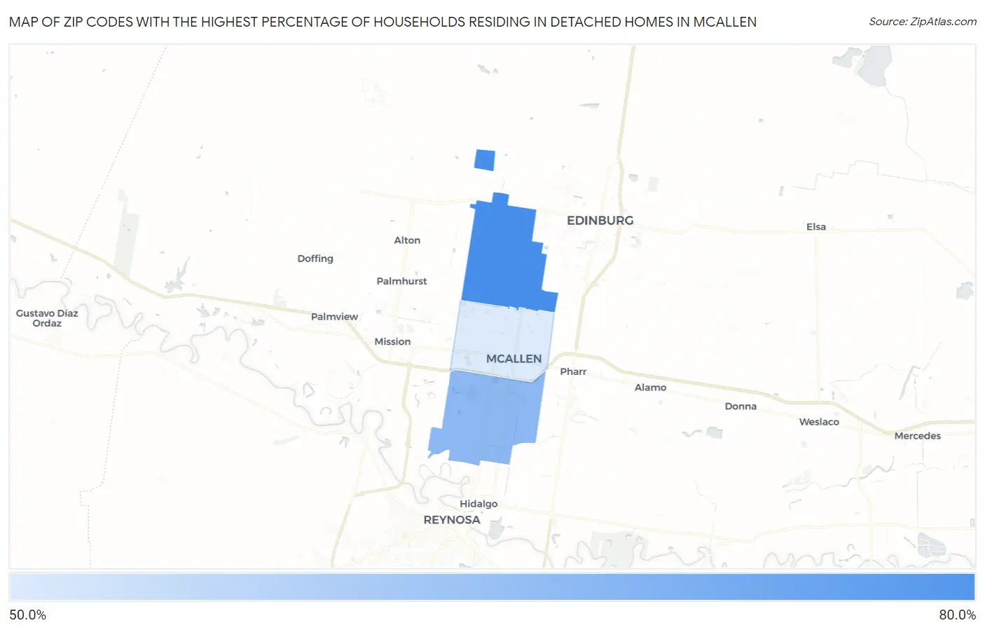 Zip Codes with the Highest Percentage of Households Residing in Detached Homes in Mcallen Map