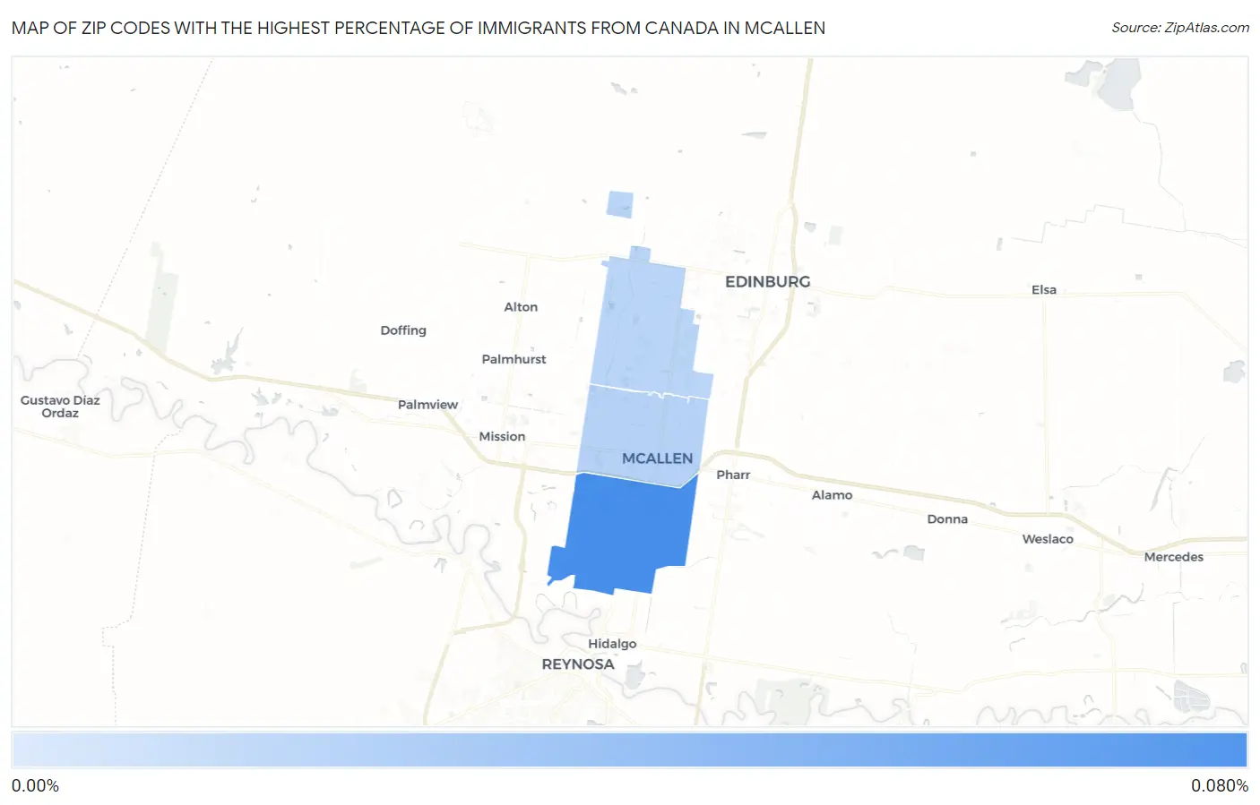 Zip Codes with the Highest Percentage of Immigrants from Canada in Mcallen Map