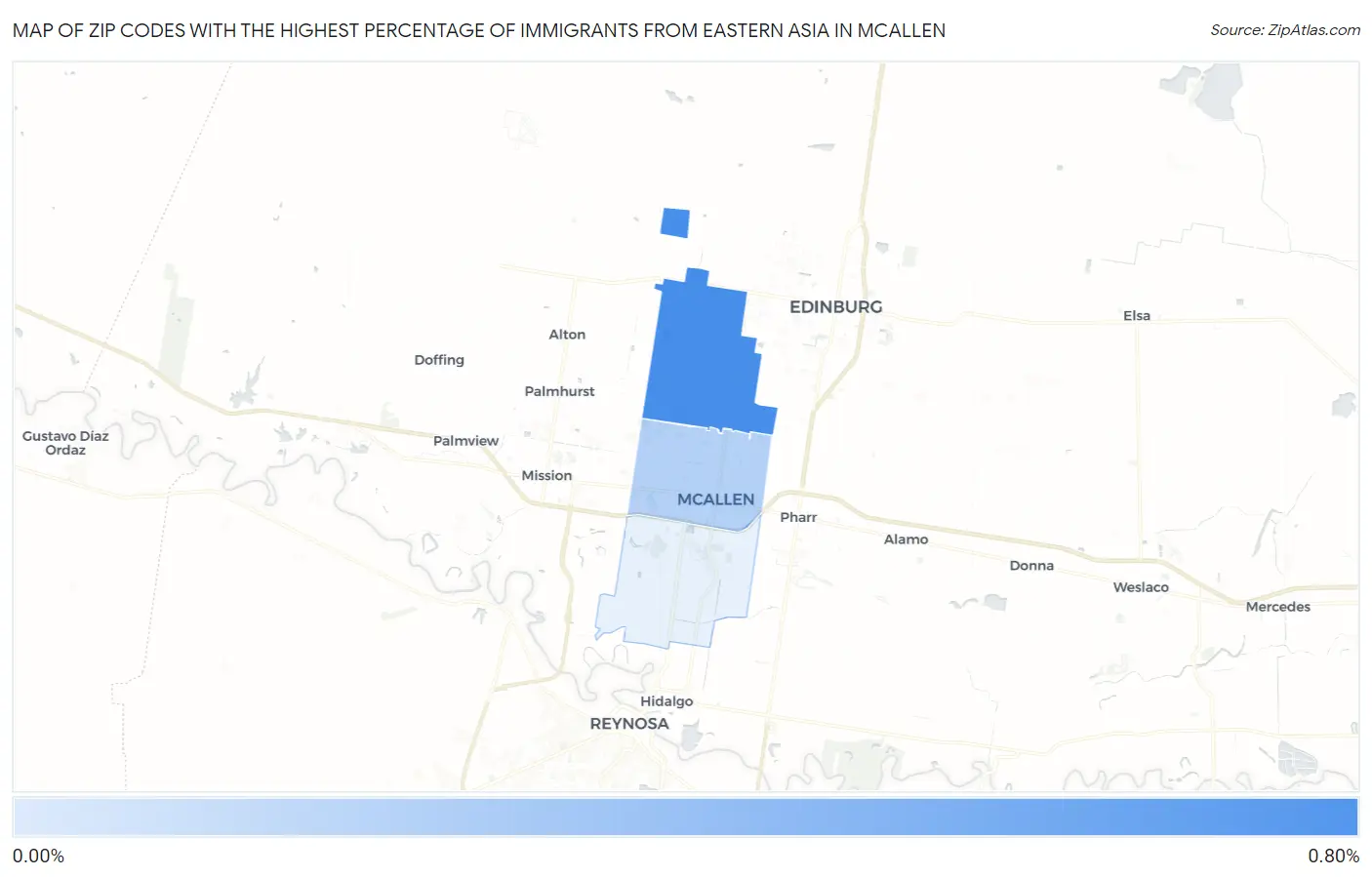 Zip Codes with the Highest Percentage of Immigrants from Eastern Asia in Mcallen Map