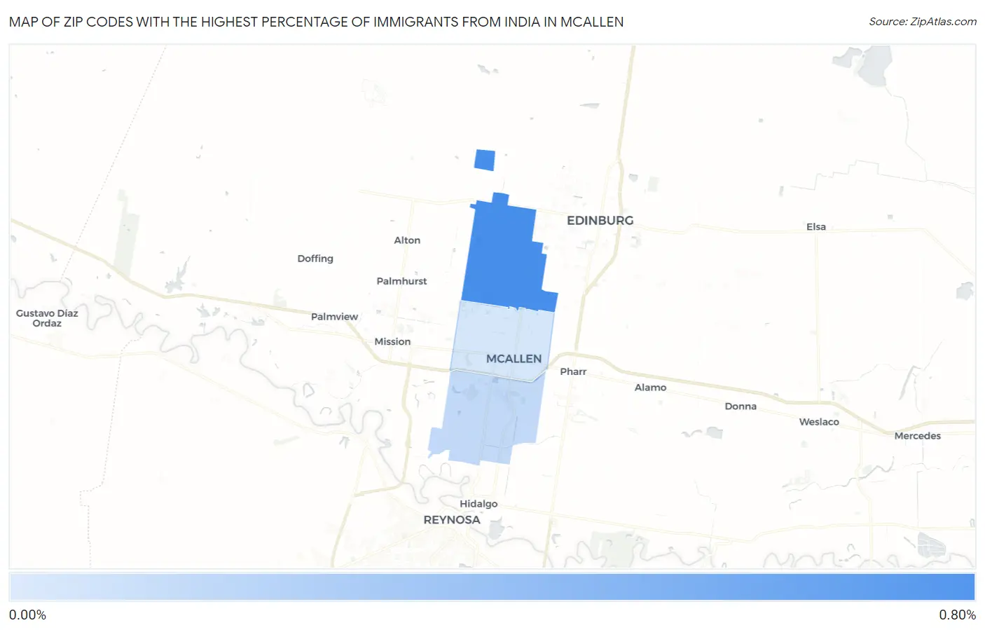 Zip Codes with the Highest Percentage of Immigrants from India in Mcallen Map