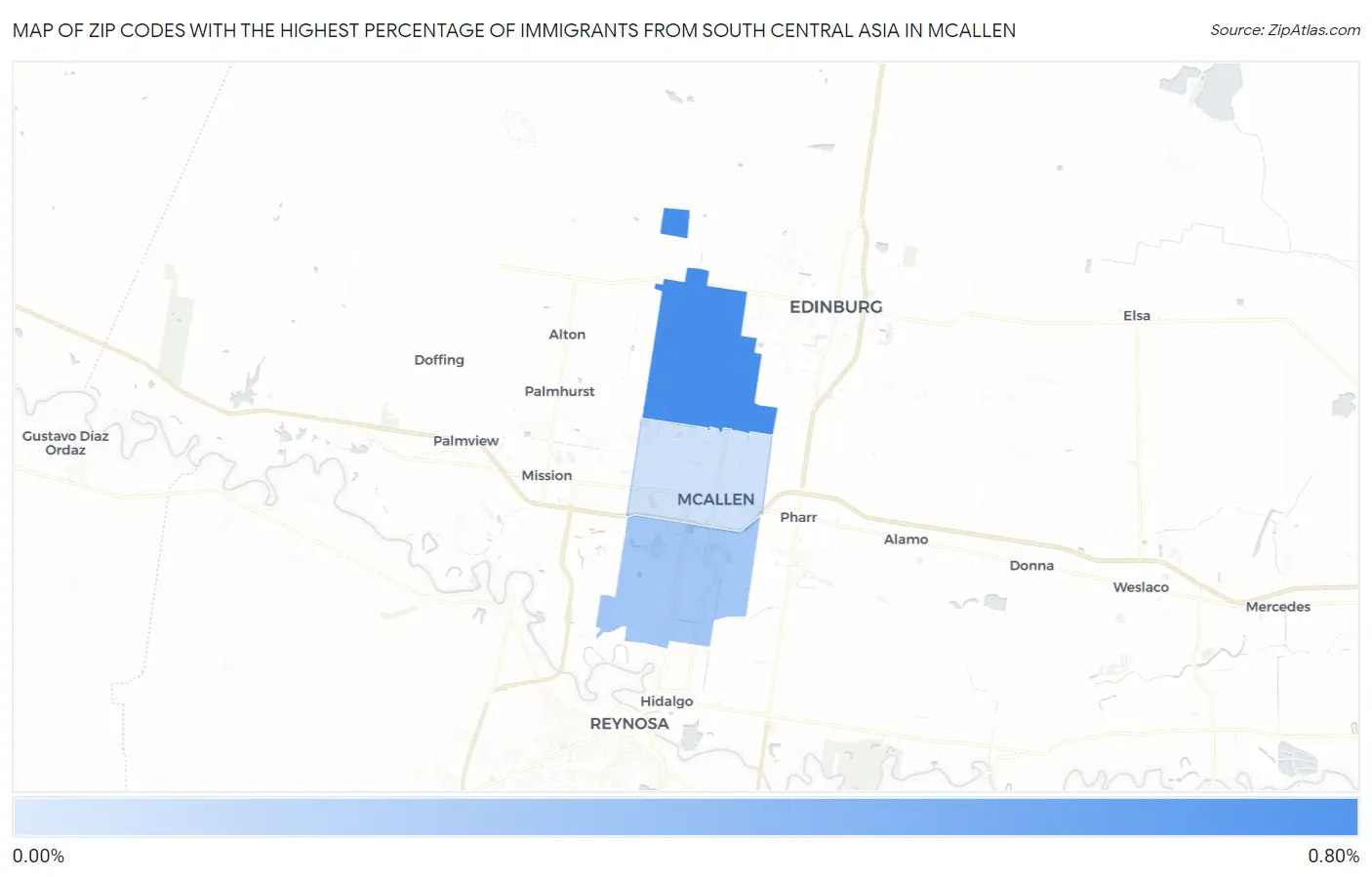 Zip Codes with the Highest Percentage of Immigrants from South Central Asia in Mcallen Map