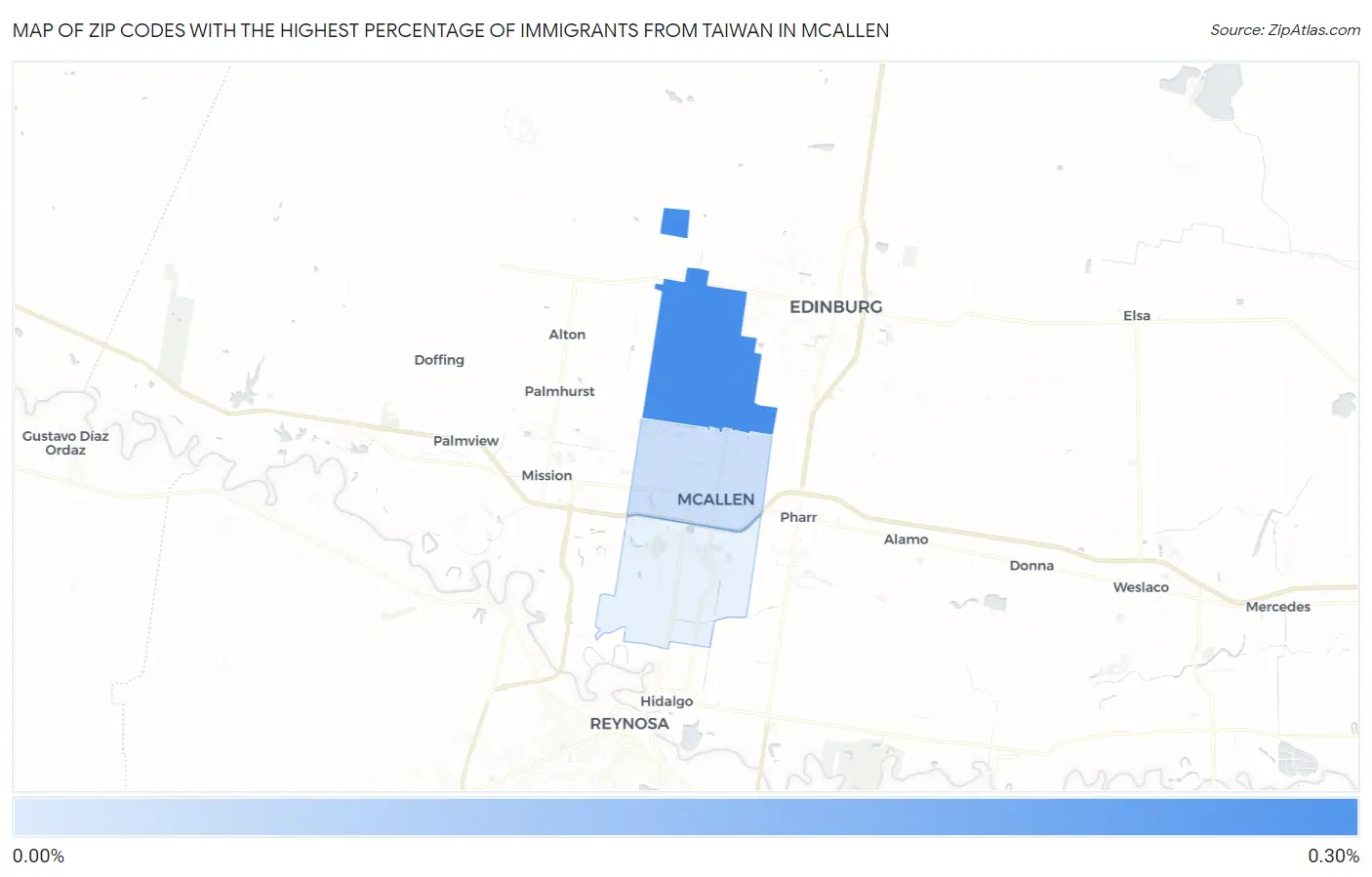 Zip Codes with the Highest Percentage of Immigrants from Taiwan in Mcallen Map