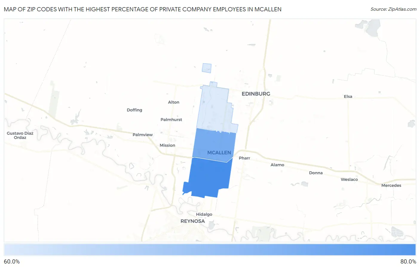 Zip Codes with the Highest Percentage of Private Company Employees in Mcallen Map