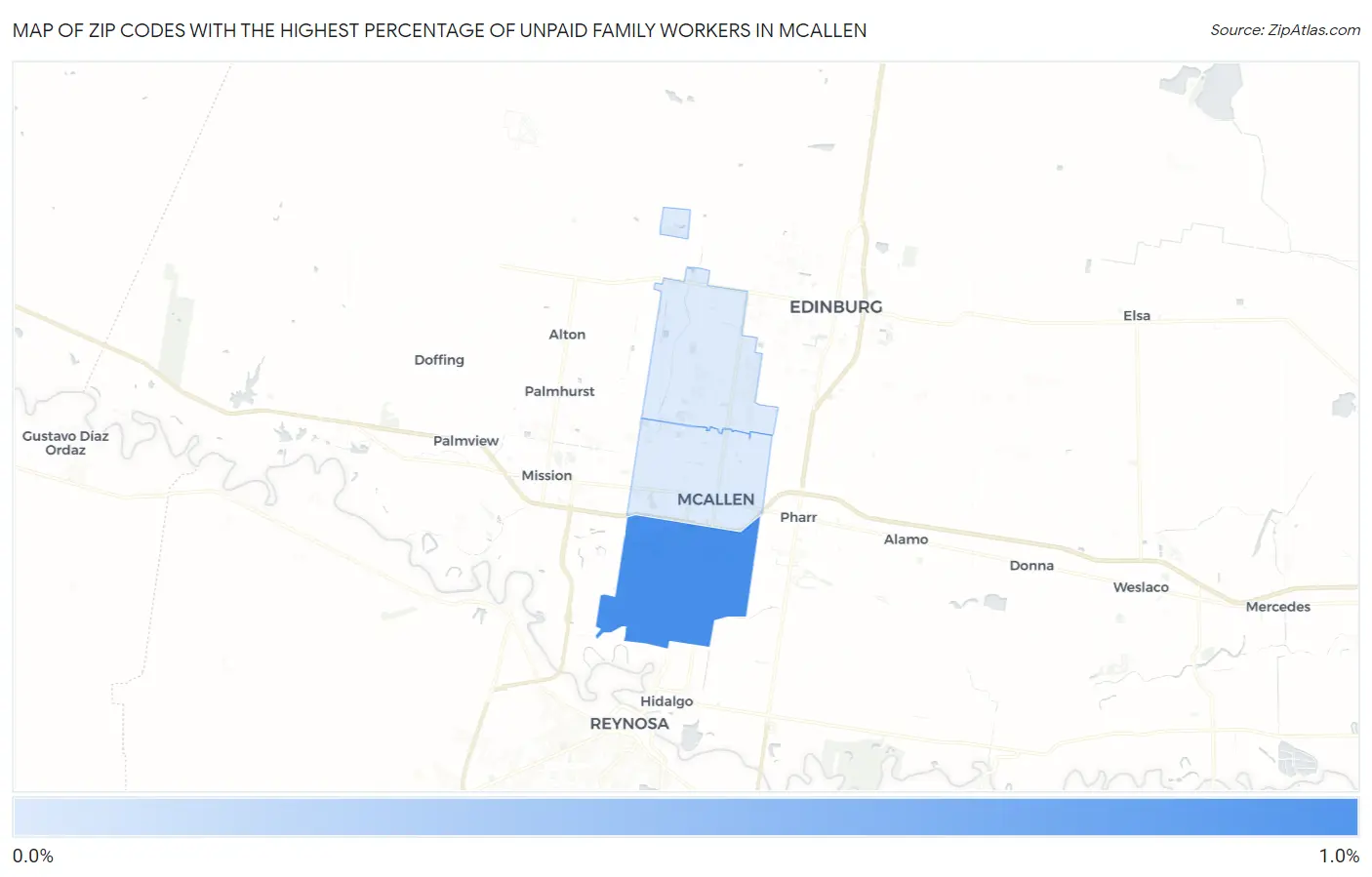 Zip Codes with the Highest Percentage of Unpaid Family Workers in Mcallen Map