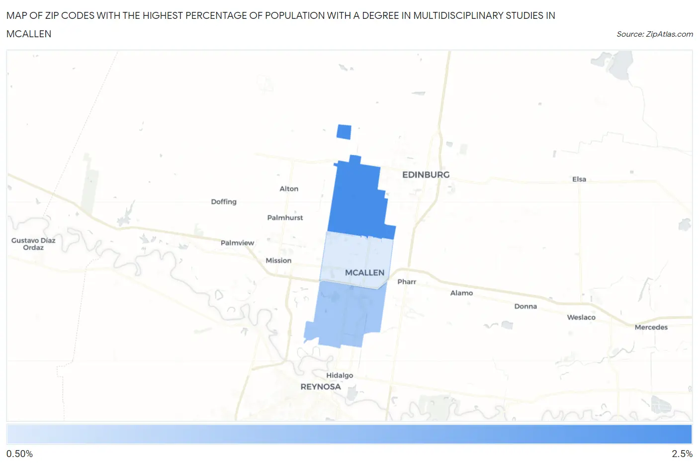 Zip Codes with the Highest Percentage of Population with a Degree in Multidisciplinary Studies in Mcallen Map