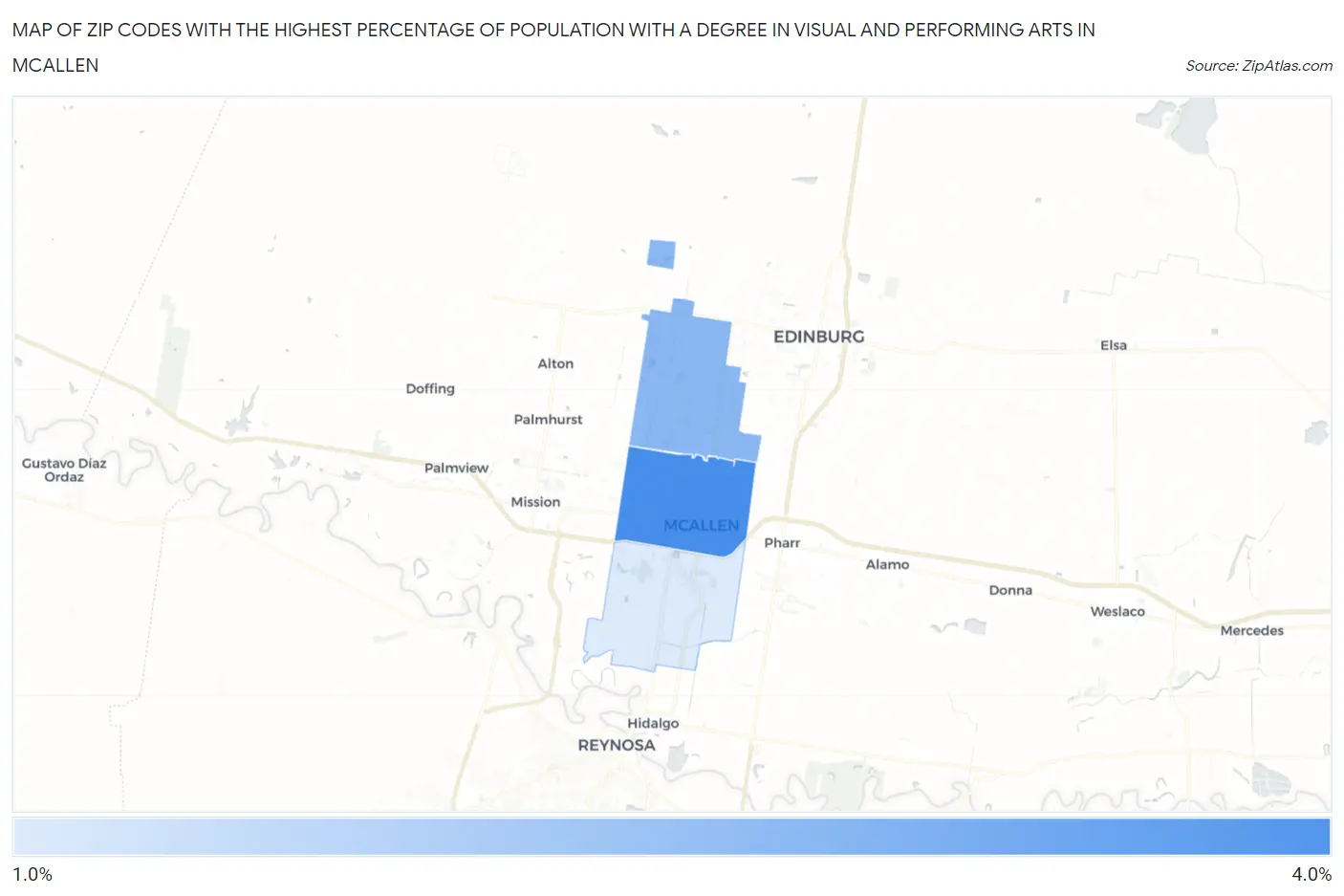 Zip Codes with the Highest Percentage of Population with a Degree in Visual and Performing Arts in Mcallen Map