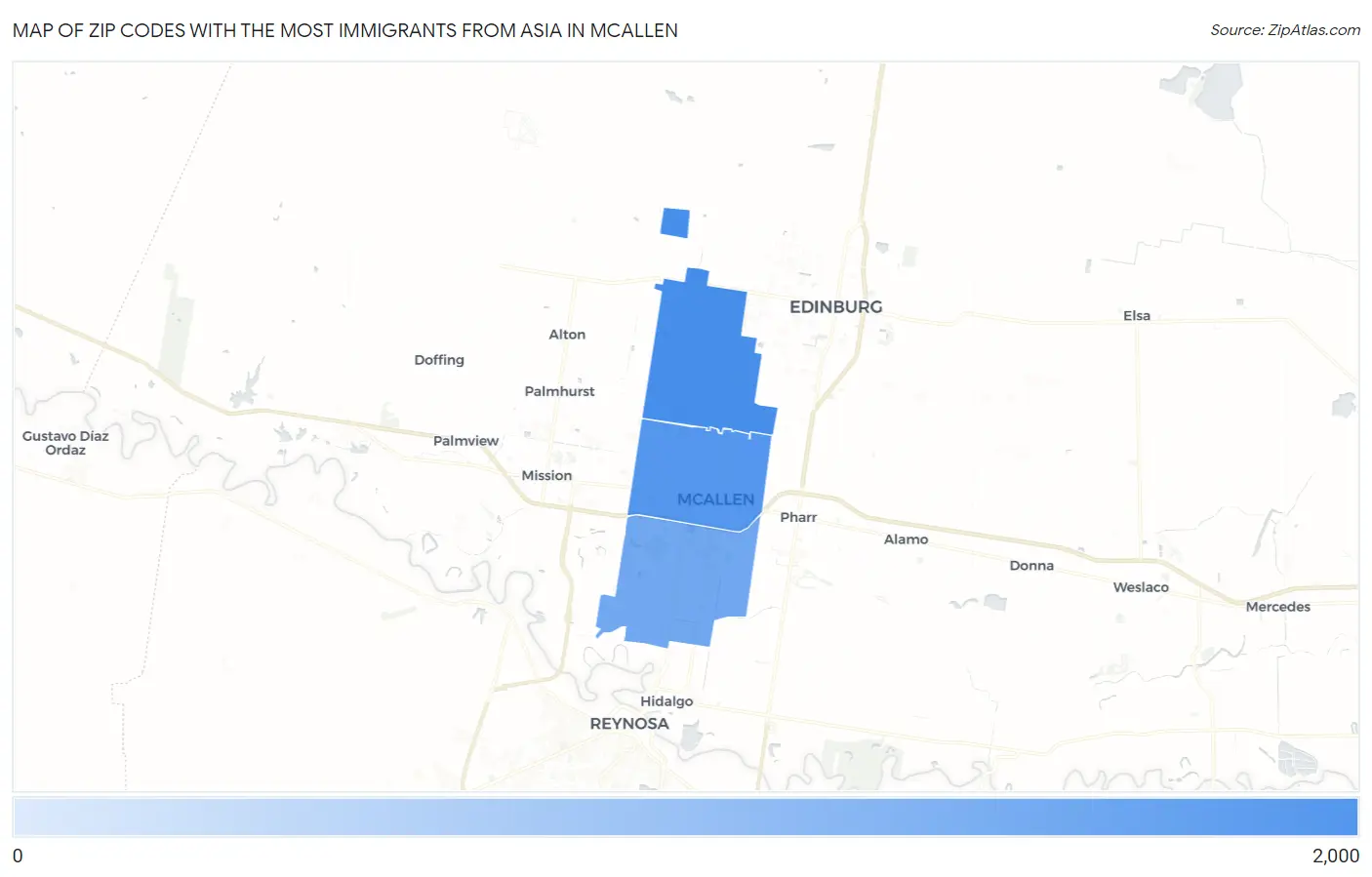 Zip Codes with the Most Immigrants from Asia in Mcallen Map