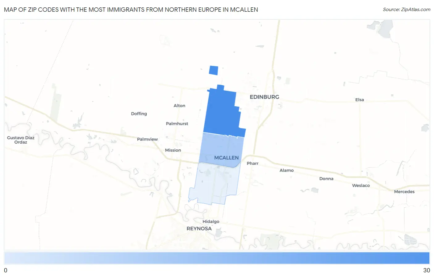Zip Codes with the Most Immigrants from Northern Europe in Mcallen Map