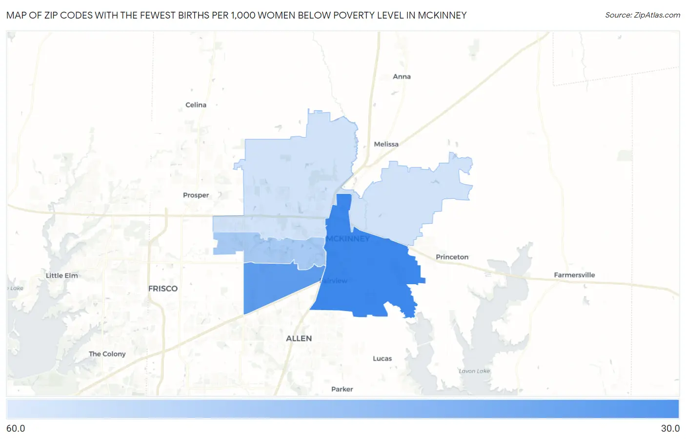 Zip Codes with the Fewest Births per 1,000 Women Below Poverty Level in Mckinney Map