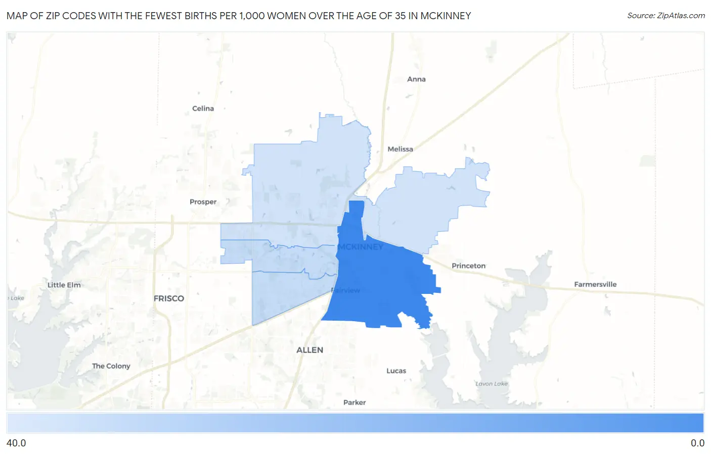Zip Codes with the Fewest Births per 1,000 Women Over the Age of 35 in Mckinney Map