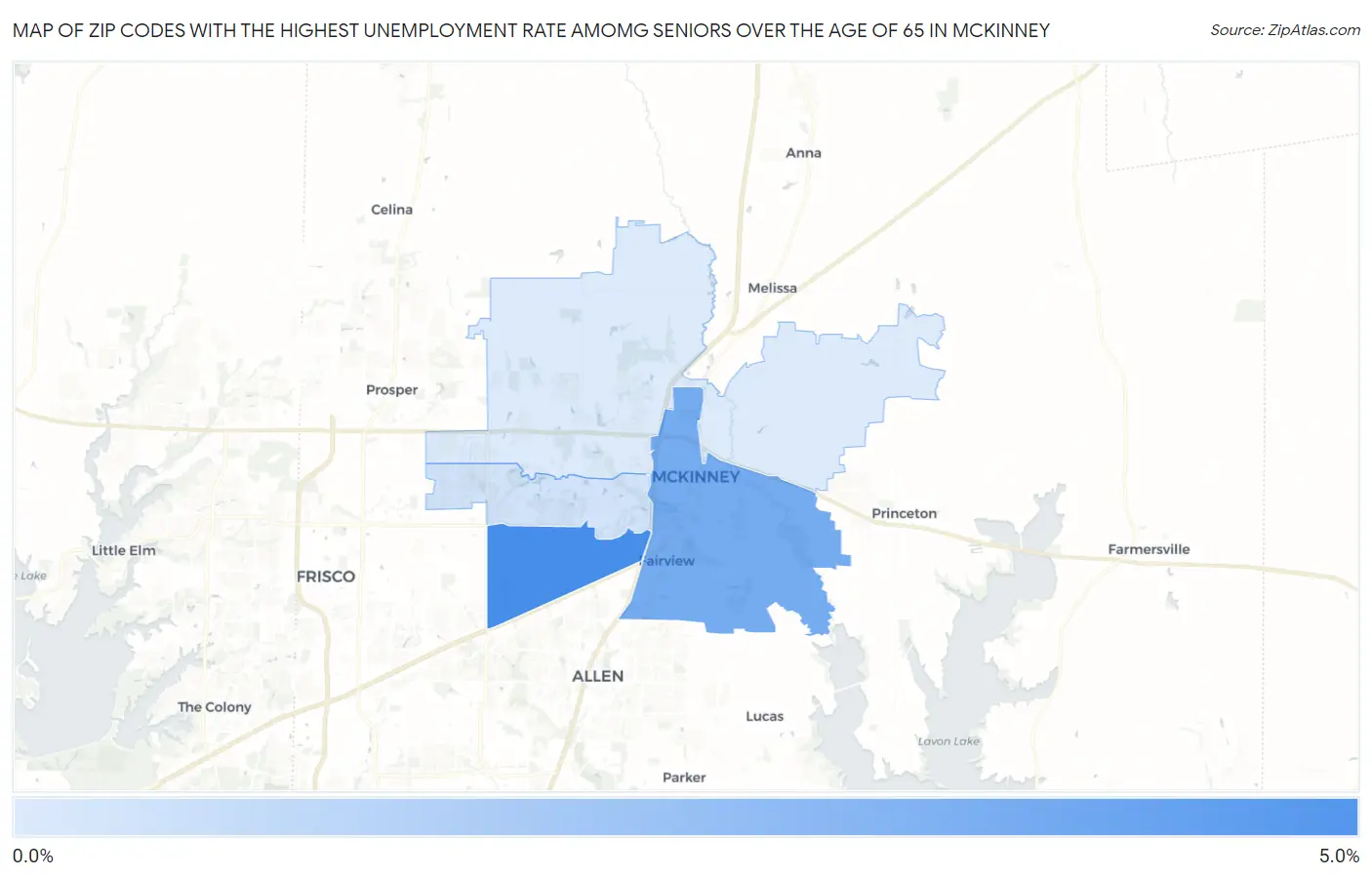 Zip Codes with the Highest Unemployment Rate Amomg Seniors Over the Age of 65 in Mckinney Map