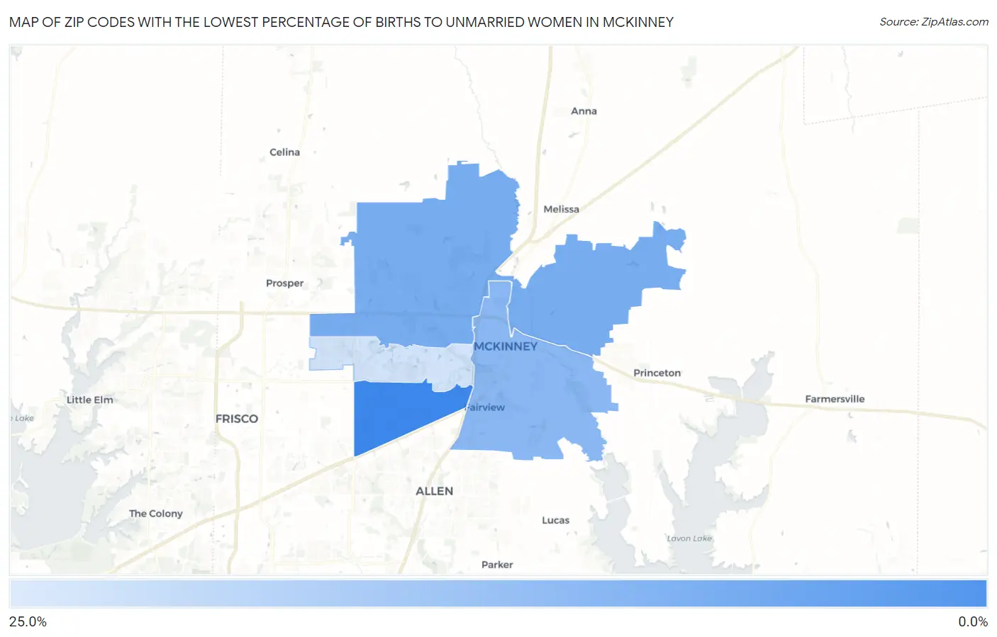 Zip Codes with the Lowest Percentage of Births to Unmarried Women in Mckinney Map