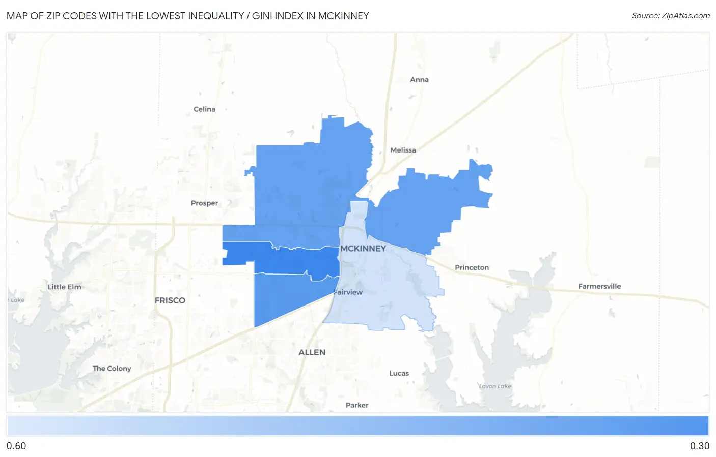 Zip Codes with the Lowest Inequality / Gini Index in Mckinney Map