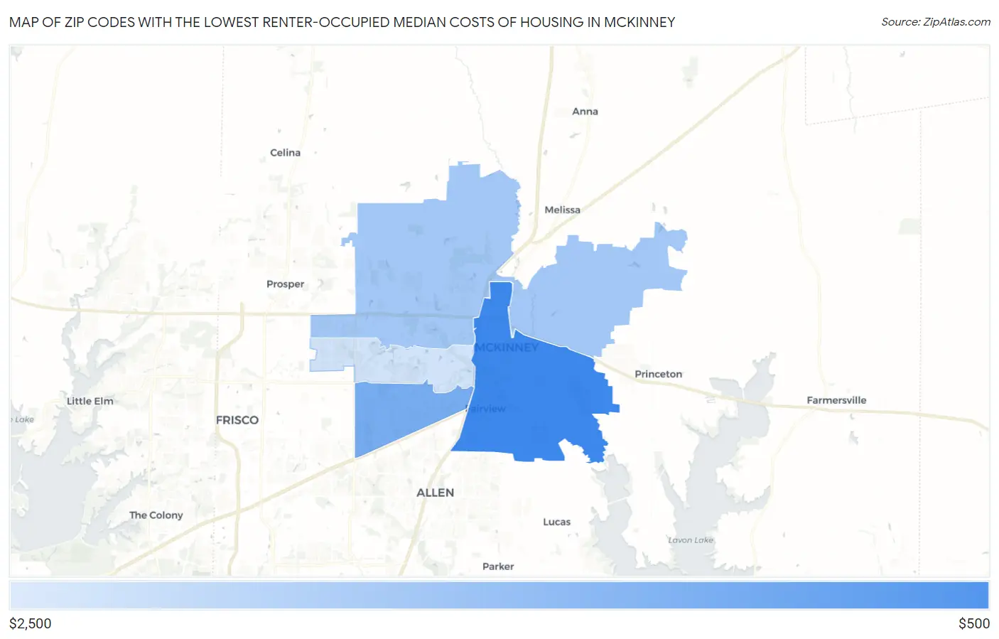 Zip Codes with the Lowest Renter-Occupied Median Costs of Housing in Mckinney Map