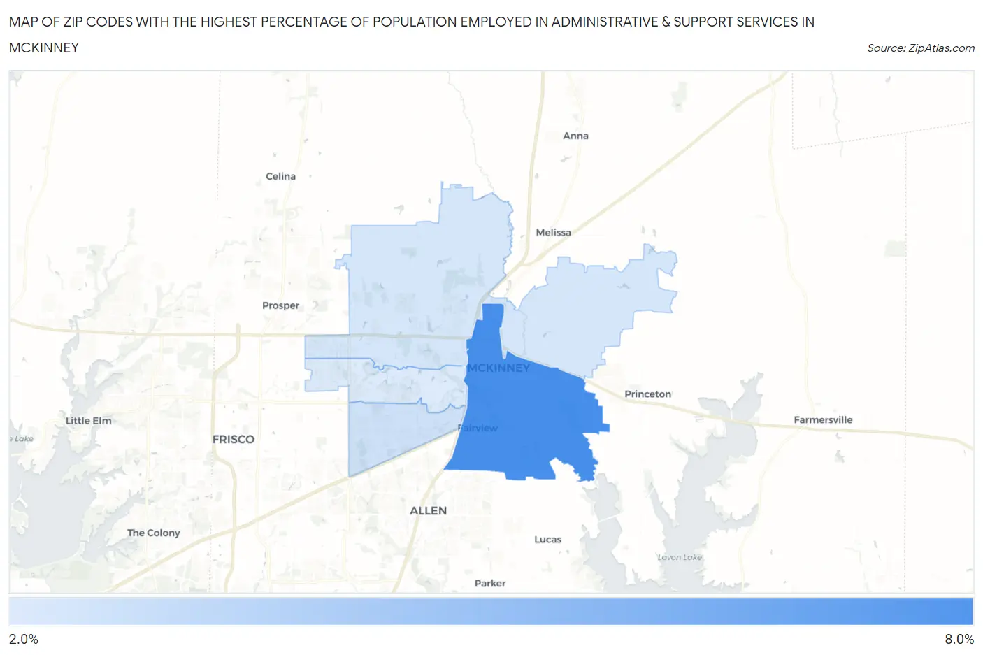 Zip Codes with the Highest Percentage of Population Employed in Administrative & Support Services in Mckinney Map