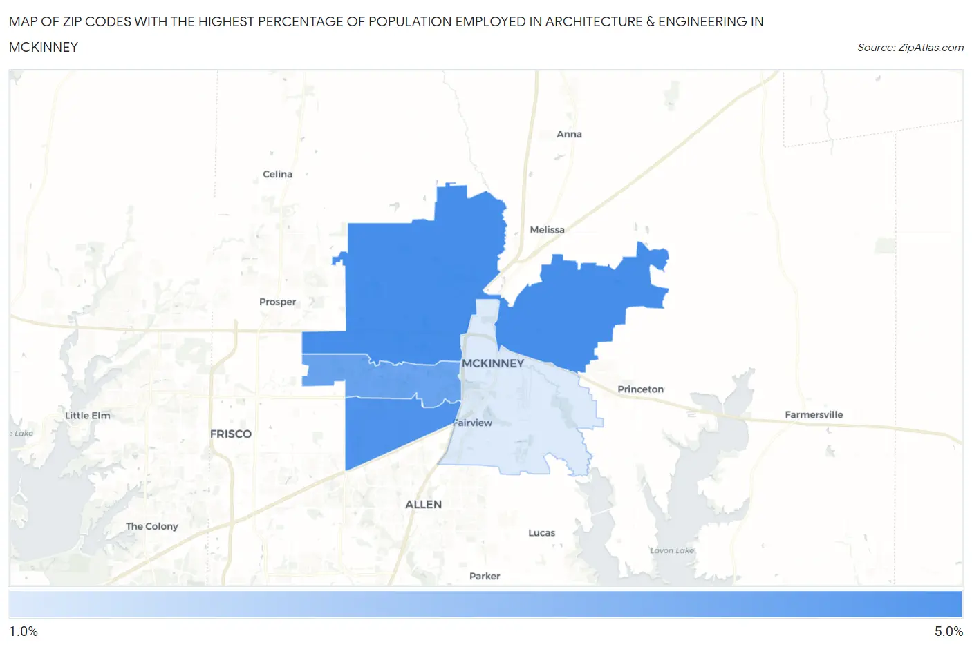 Zip Codes with the Highest Percentage of Population Employed in Architecture & Engineering in Mckinney Map