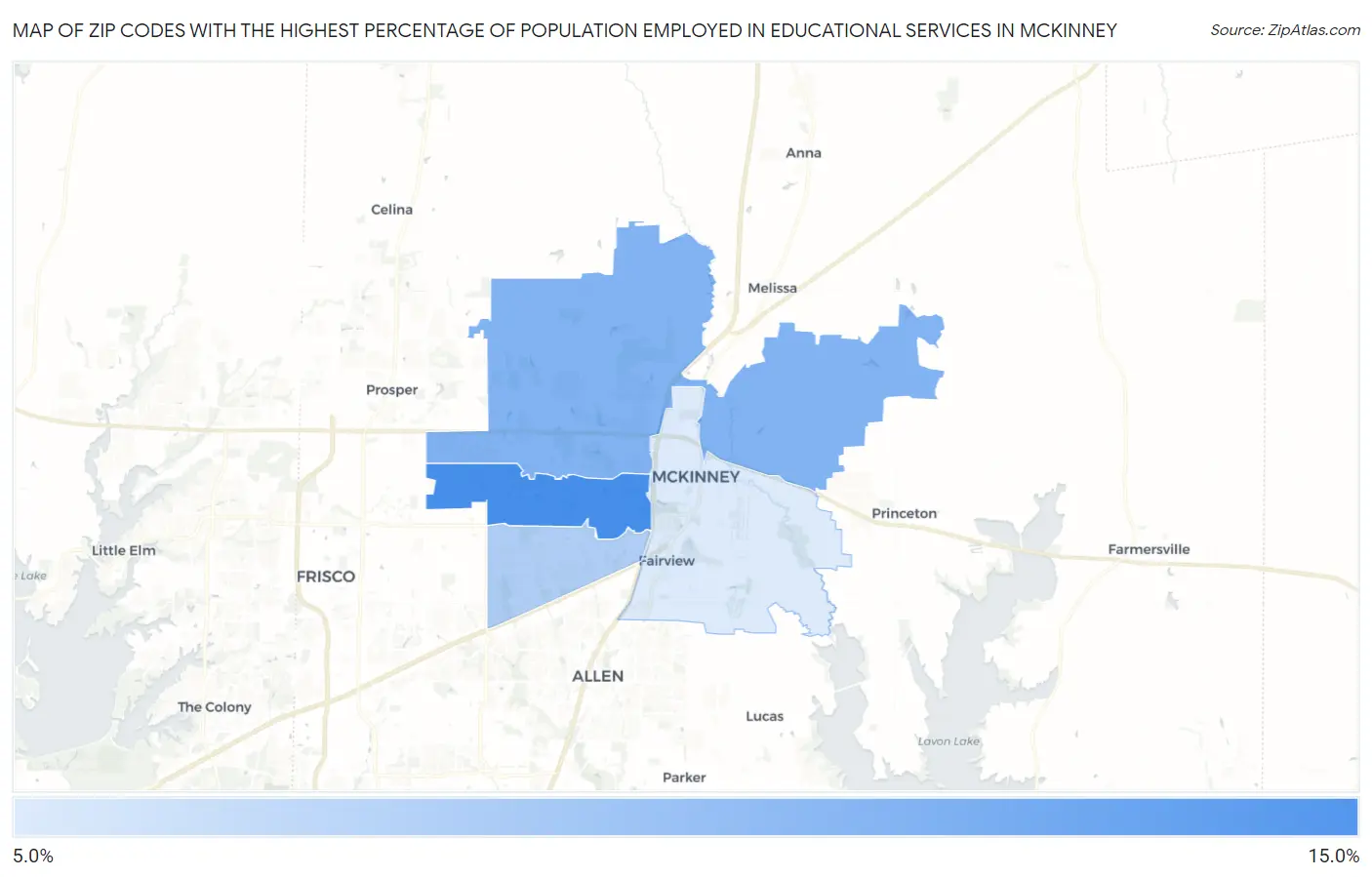 Zip Codes with the Highest Percentage of Population Employed in Educational Services in Mckinney Map