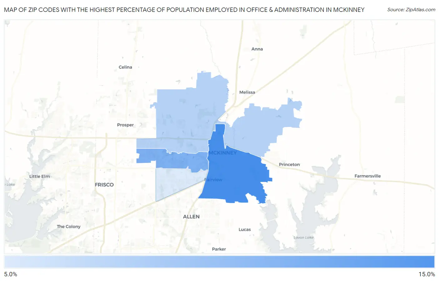 Zip Codes with the Highest Percentage of Population Employed in Office & Administration in Mckinney Map