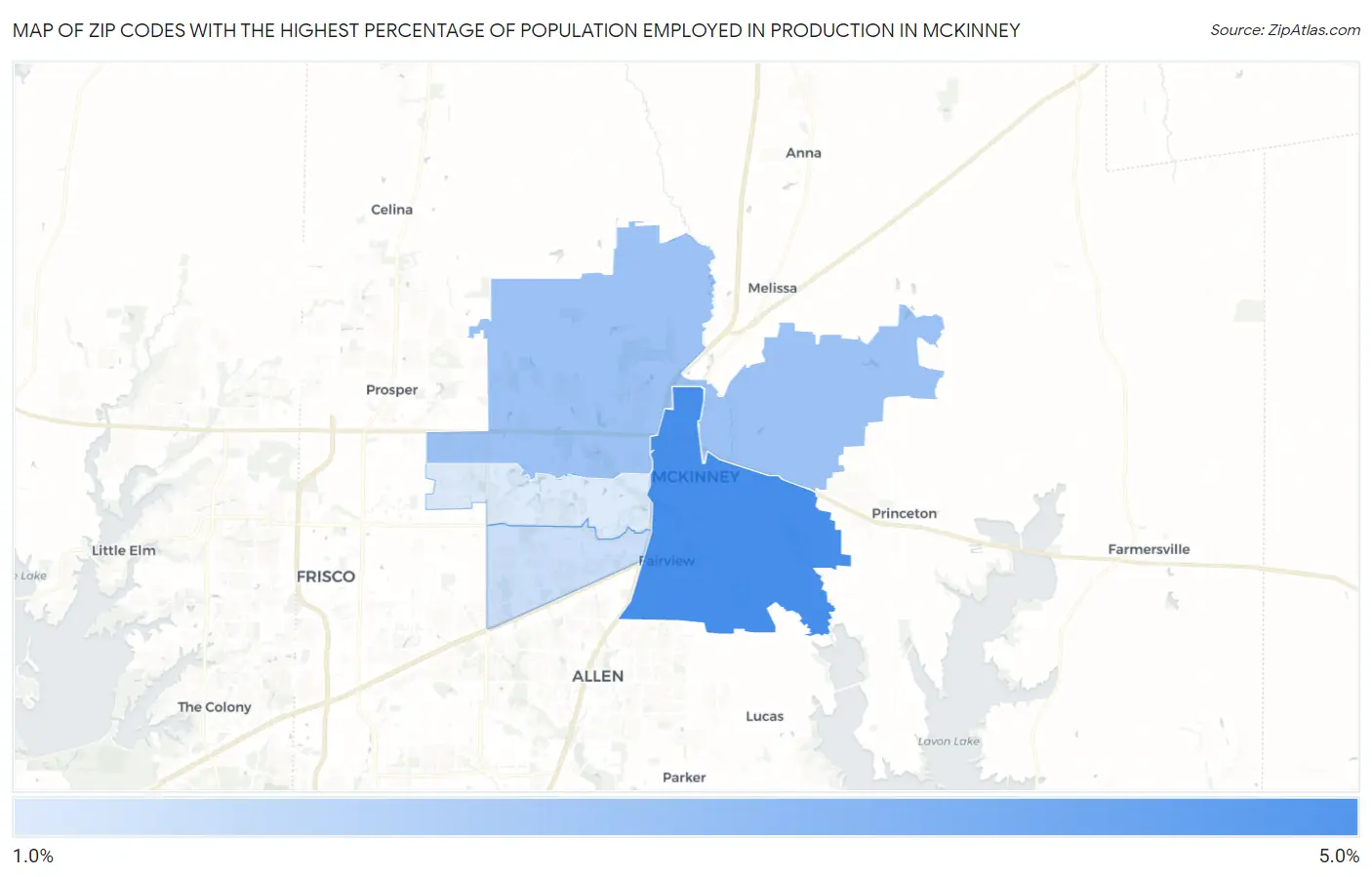 Zip Codes with the Highest Percentage of Population Employed in Production in Mckinney Map
