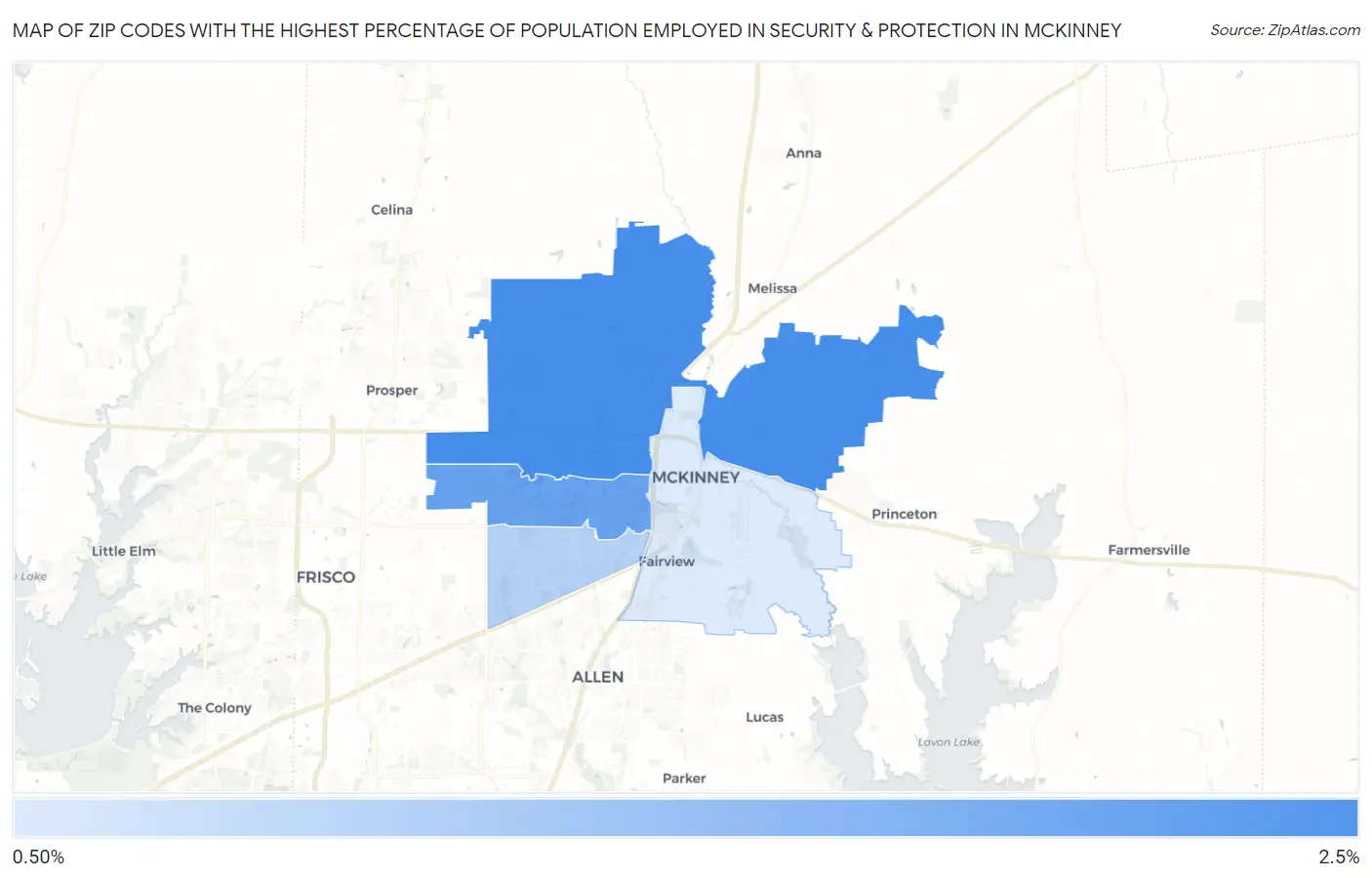 Zip Codes with the Highest Percentage of Population Employed in Security & Protection in Mckinney Map