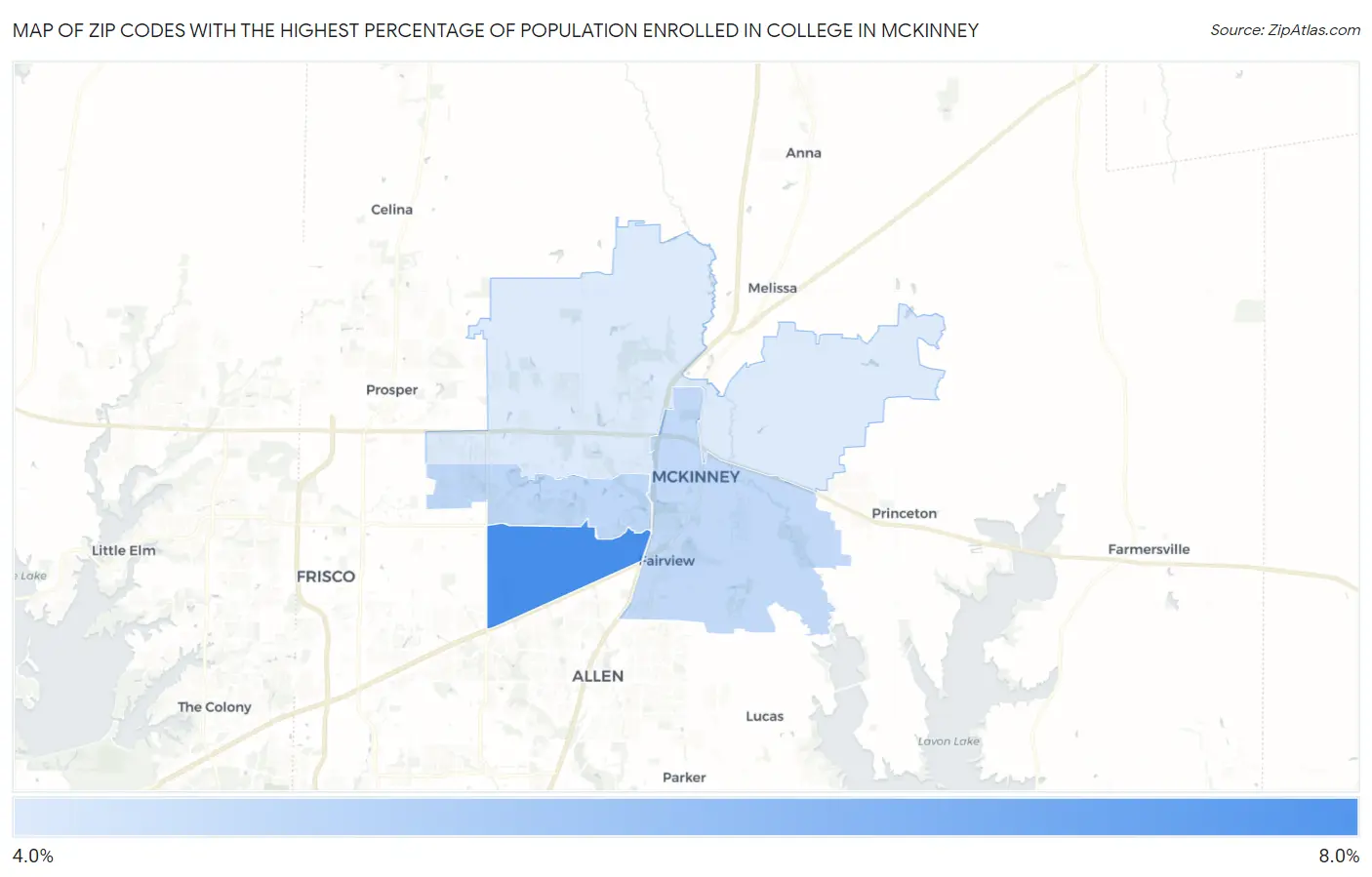 Zip Codes with the Highest Percentage of Population Enrolled in College in Mckinney Map